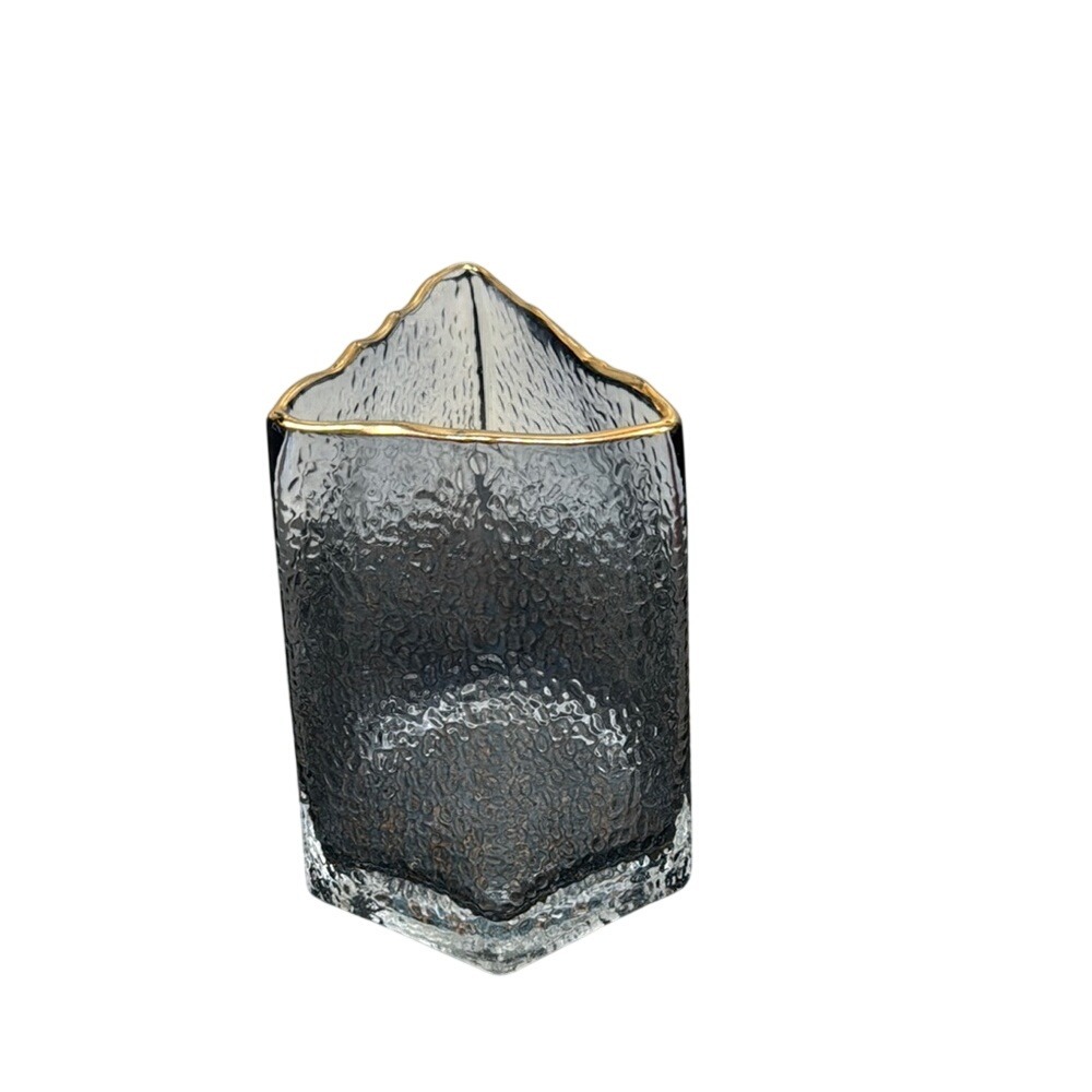 Modern Smoked Blue Hammered Glass Vase Asymmetrical Gold Rim Triangular Hex Base
